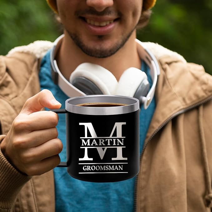 Custom Insulated Coffee Tumbler, Personalized Travel Coffee Mug with Handle and Lid, 14oz Engraved Stainless Steel Coffee Mug, Personalized Gifts for Women Men and Friends