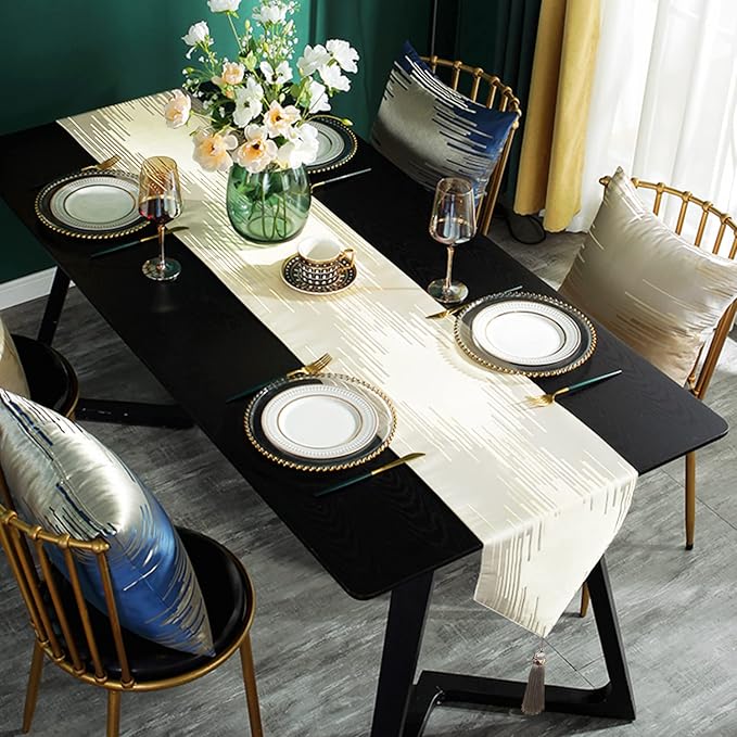 Luxury Beige Table Runner 13 x120 Inch, Modern Abstract Striped, Tassels | - Image 6