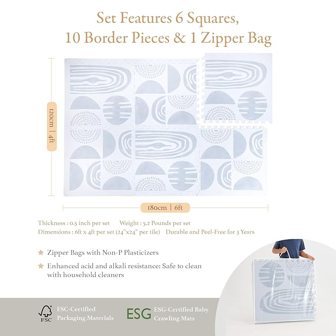 PopsyKosy Premium Exercise & Baby Foam Play Mats - Stylish & Large Non-Toxic Odorless Floor Mat - 6 Tiles - Spacious 6ft x 4ft - Peel-Resistant Reinforced Ver.- Soft, Thick, Waterproof - Foggy Gray