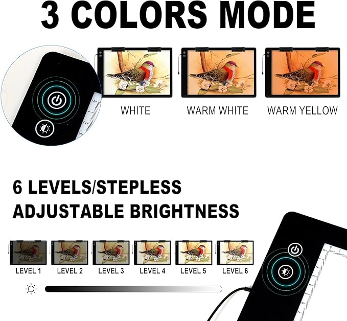 KOBAIBAN Rechargeable Large A2 Tracing Light Pad, 3 Colors Light Mode Diamond Painting Cordless Light Board, 6-Level/Stepless Adjusted Brightness Wireless Artist Light Box Copy Table for Designing