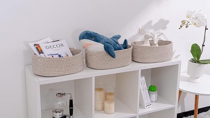 Cute Shelf Basket to Store and Organize Household Items/Baskets&Bins for Daily Storage &Organizing/Woven Rope Basket for Living Room, Playroom/Small Oval-13x8.66x5.11’’,3 Packs Light Brown