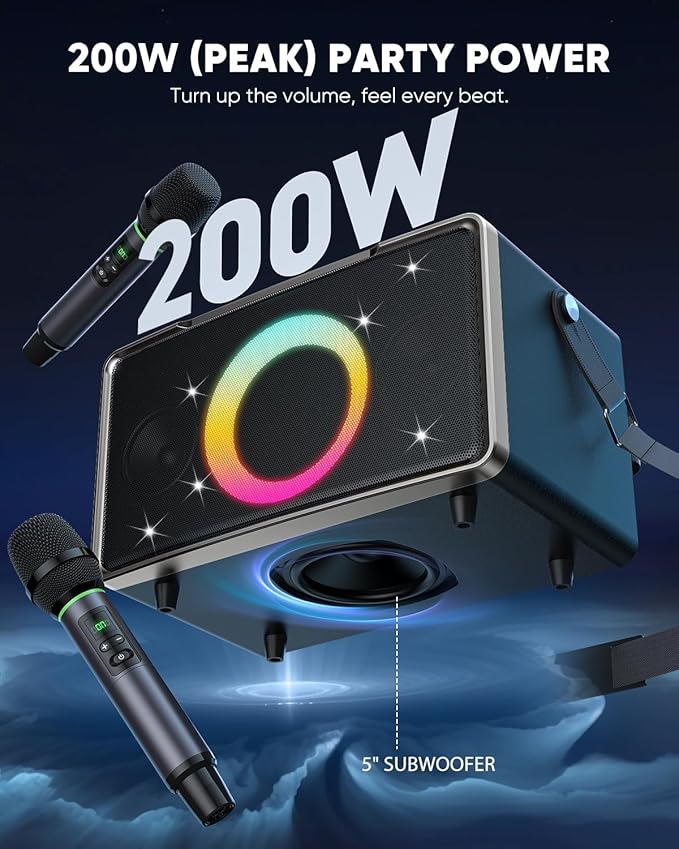 GFEEN Portable Bluetooth Speaker: 200W Peak, 15H Playtime, Wireless Speakers with Microphone, 5″ Subwoofer, Loud Sound, Light Show, Fast Charging for Outdoor, Party, Backyard(Silver with 2Mic)