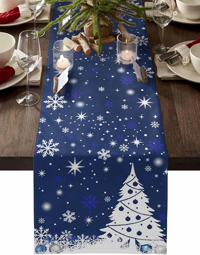 Navy Blue Christmas Tree Table Runner 72 Inches Long, Xmas Balls Snowflake by Unknown