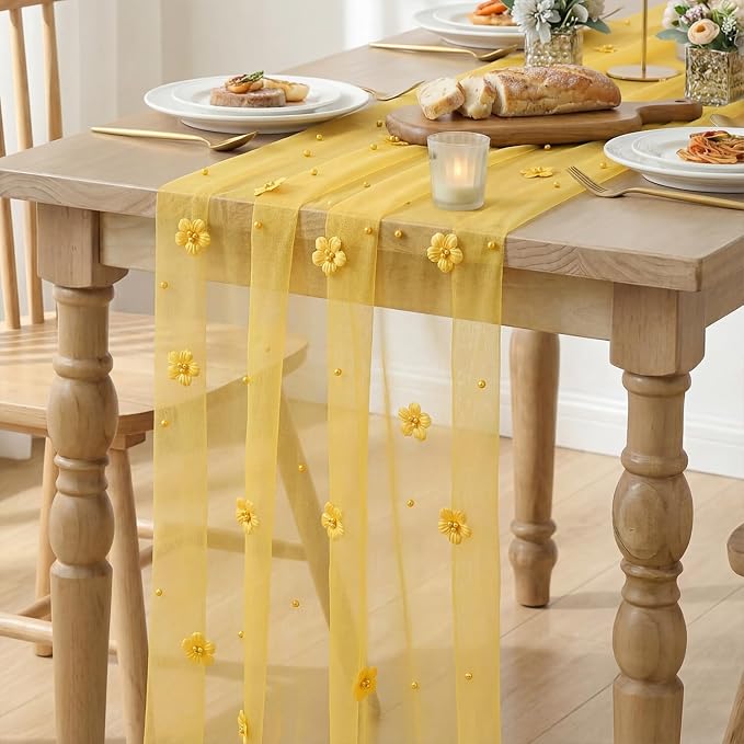 Artoid Mode Yellow Flower Pearl Yellow Gauze Table Runner 10FT 6PC, Seasonal - Image 6
