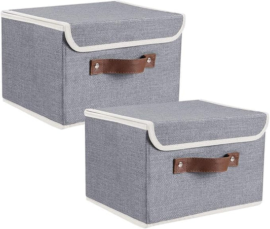 Lucky Monet Storage Bins Boxes with Lids 2 Pack Decorative Storage Boxes Collapsible Fabric Storage Basket Containers Lidded Storage Cube for Organizing Closet Home Office, 15"x 10"x 10" (Grey)