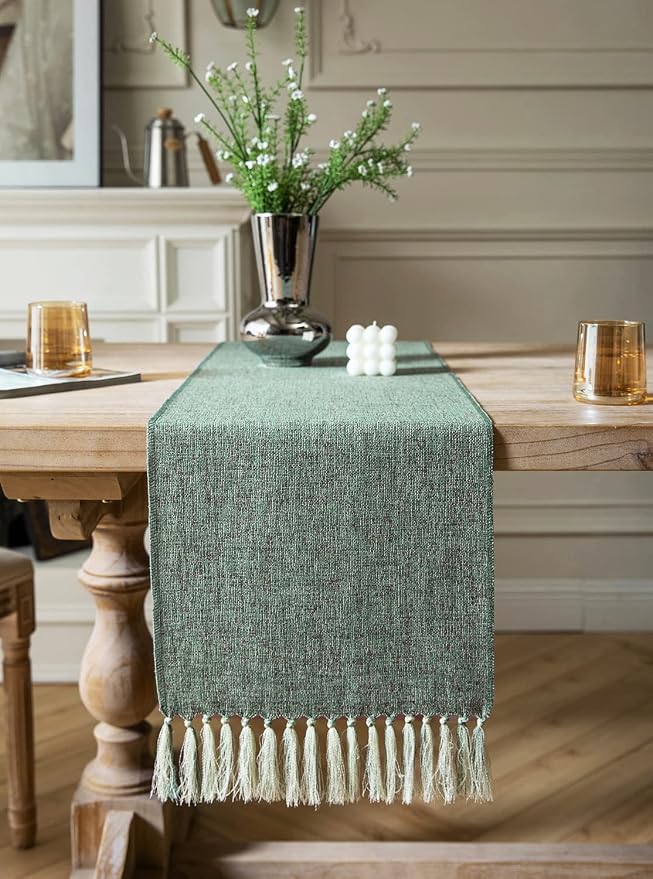 Green Table Runners 36 Inches Long, Burlap Linen Style Rustic Farmhouse Table - Image 2