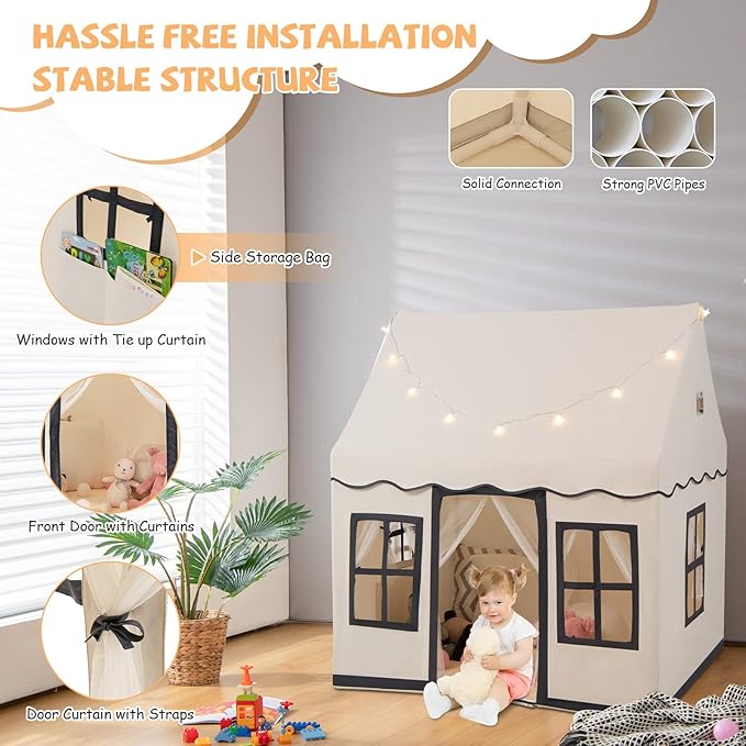 INFANS Kids Play Tent with Washable Mat Star Light Windows, Anti-Trip Large Playhouse Toys for Children Boys Girls, Indoor Outdoor Princess Tents Castle for Toddlers (Black)