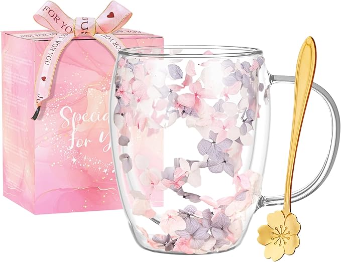 Gifts for Women Dried Flowers Double Wall Glass Coffee Mugs Cute Glass Tea Cups by Yalucky