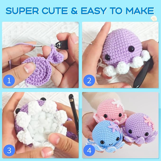 Crochet Kit for Beginners, Make 3 Amigurumi Crochet Animals with Step-by-Step Video Tutorials, Complete Starter Kit for Adults, Kids and Teens, Perfect DIY Craft Gift to Learn Crocheting
