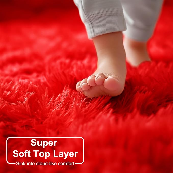 Amdrebio Red Round Rug 5Ft for Boys Bedroom, Fluffy Fuzzy Circle Area Rugs for - Image 2