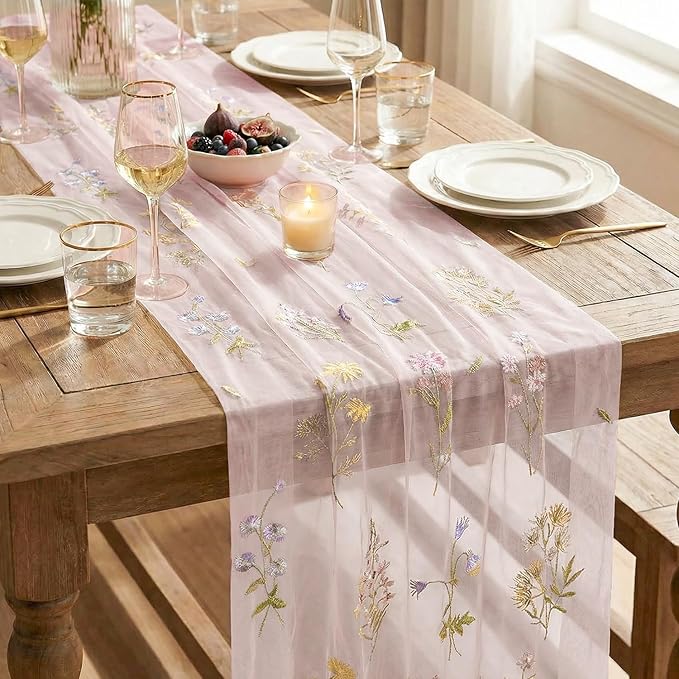 Artoid Mode 3PC Wildflower Floral Light Pink Gauze Embroidery Table Runner 120 - Image 7