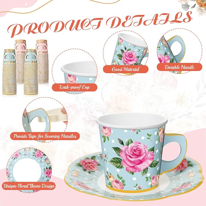 Umigy 60 Sets Floral Tea Party Decorations 6.5 oz Floral Paper Teacups & Saucer - Image 3