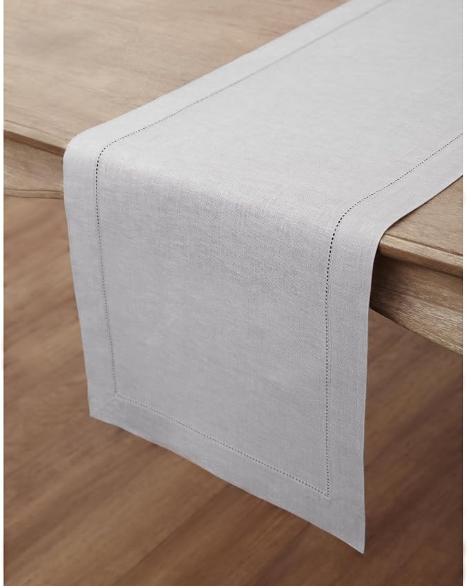 Solino Home 100% Pure Linen Table Runner Grey, Classic Hemstitch 14 x 72 in | - Image 3