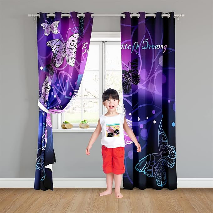 Butterfly Window Curtain Panels Purple Blackout Girls Curtains for Bedroom 2 Panels Curtains 84 inch Length for Girls Bedroom Nursery Room Grommet Top Thermal Insulated Curtains, 82" x 84"