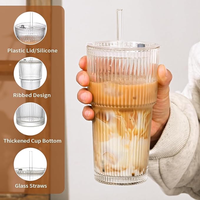 20oz Ribbed Glass Cups with Lids and Straws, Glass Tumblers with Lids and Straws - Image 7