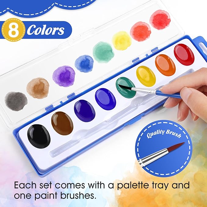 FUMILE Watercolors Paint Set Bulk,20 Pack 8 Washable Bright Colors with Paintbrush.Watercolors Paint Set Kids for Parties,Art Lessons,Birthday Party Favor,valentines for kids classroom,All Ages.