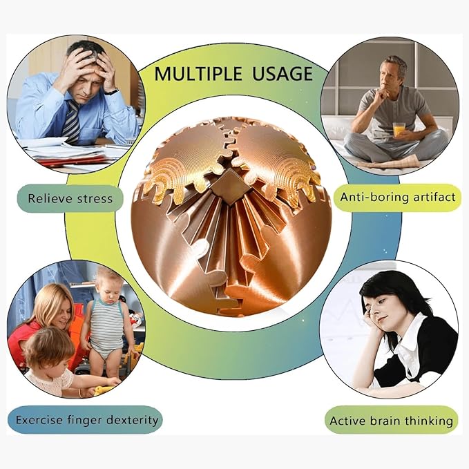 Gear Ball, 4.2in 3D Printed Gear Ball Spin Ball Cube Fidget Toys, Gear Sphere, Gear Balls Fidget Toy, Stress Ball, GearSphere Desk Toy, Fidget Balls, Gear Toy for Anxiety Relaxing (Laser Rose Gold)