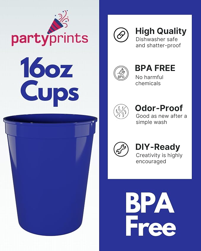 PartyPrints 100 Pack 16 oz Royal Blue Reusable Blank Plastic Cups, Stadium Cups - Image 2