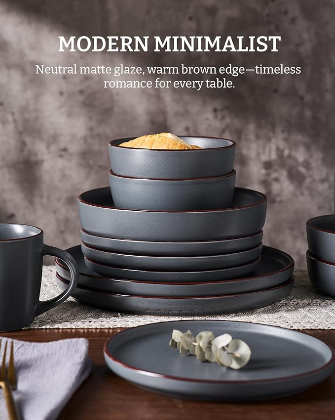 Famiware Mercury 24-Piece Stoneware Plates and Bowls, Charcoal | Dinnerware Set - Image 4