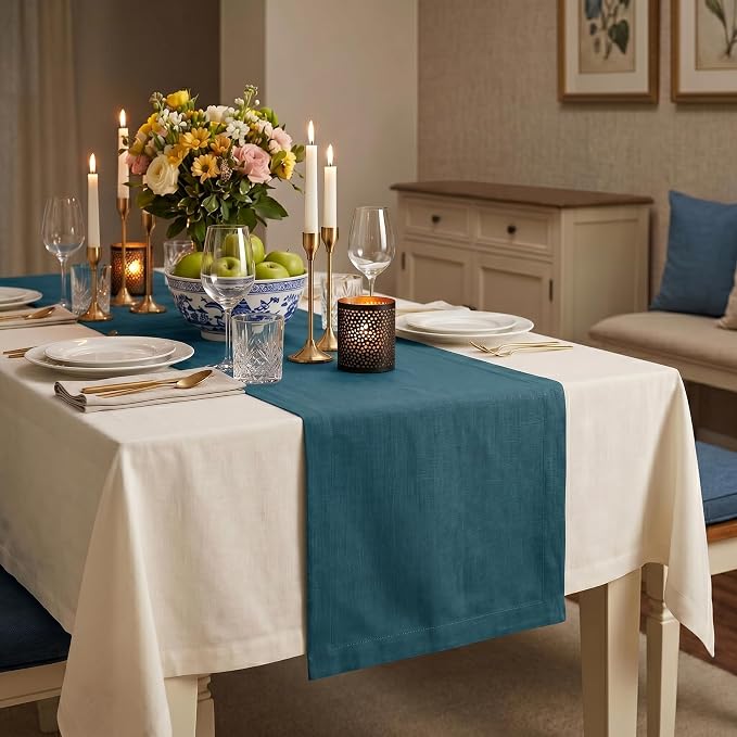 Solino Home 100% Pure Linen Table Runner Blue, Fete 14 x 156 Inch Long | Table - Image 3