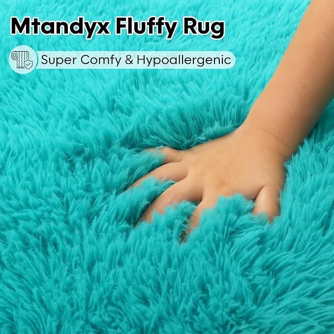 Teal Blue Plush Rug 6x9, Fluffy Shag Carpet Non-Slip, Area Rug - Image 2