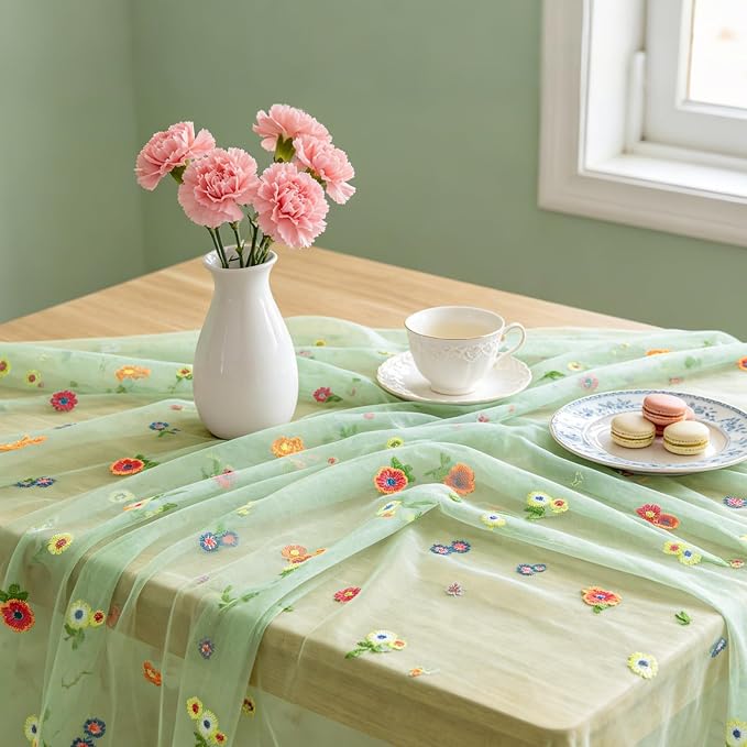 BINBE 1pcs Daisy Spring Table Runner Embroidery Gauze 10FT Florals Seasonal - Image 4
