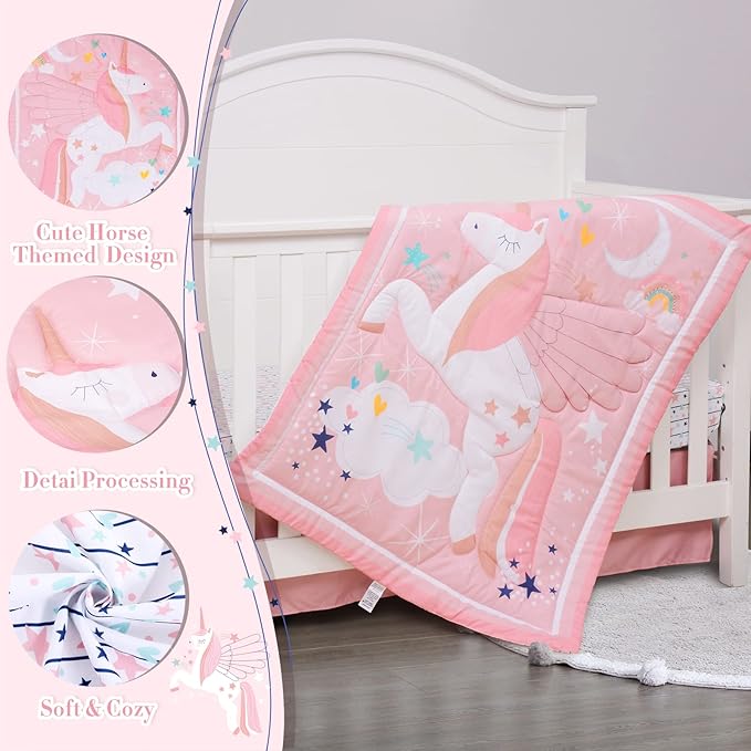 Cloele Pink Crib Bedding Set for Girls- 4 Piece Unicorns Baby Comforter Bed Set Includes Crib Skirt Quilt Fitted Sheet Toddler Pillowcase - Pink Soft Nursery Baby Bedding Set for Girls