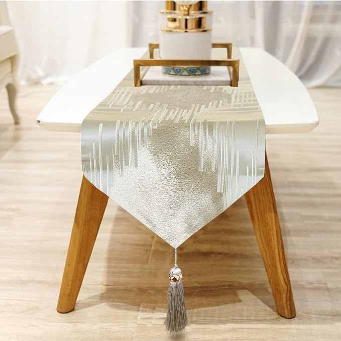 Elegant Modern Beige Table Runner, Embroidered Geometric, Tassels | Luxury - Image 4