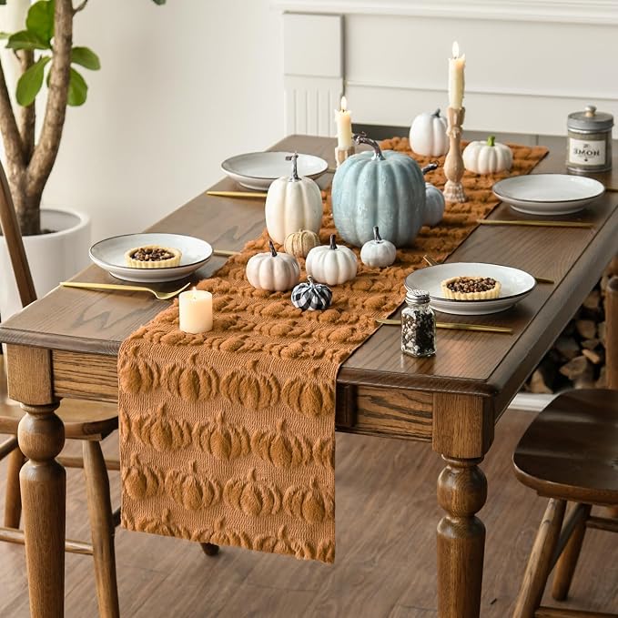 Artoid Mode Caramel Soft Faux Fur Pumpkins Fall Table Runner 13x90 Inch | - Image 3