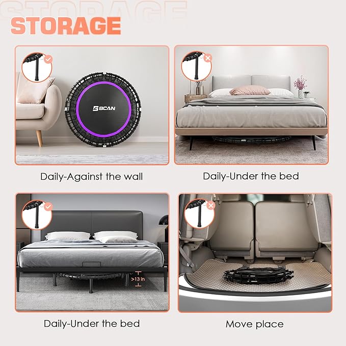 BCAN 40"/48" Mini Rebounder Trampoline for Adults with Bar, 450/550LBS Fitness Trampoline with Bungees, Adjustable Handle, Stable & Quiet, Indoor Outdoor, Whole-Body Workout & Relaxation at Home