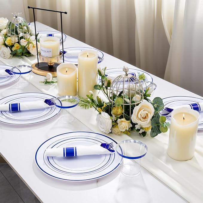 WELLIFE 210 Piece Blue Disposable Dinnerware Set, Plastic Plates - Image 6