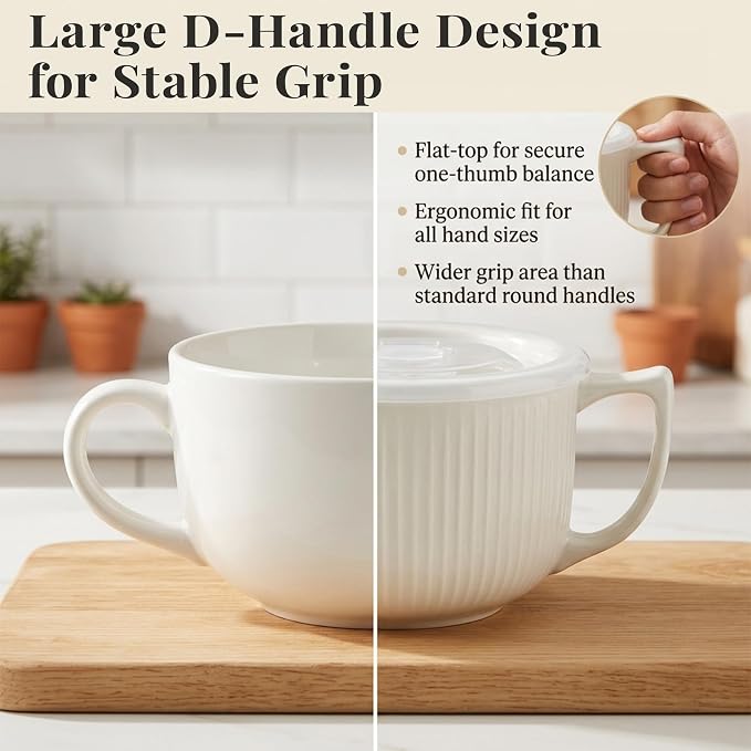Ceramic Soup Bowl with Handle & Lid, Jumbo 38oz Microwave Ramen Bowl White | - Image 5
