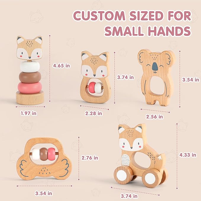 Freniland Wooden Montessori Toys, 5-Piece Wooden Baby Toys, Koala Wooden Baby Rattle, Fox Stacking Ring Baby Toys, Little Fox Wooden Baby Push and Pull Toys,Newborn Baby Gift Sets for Boys and Girls