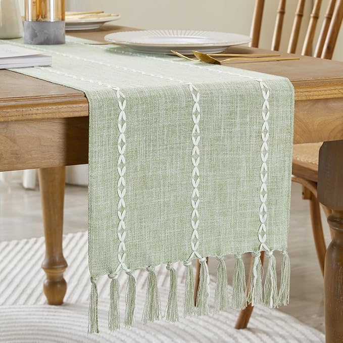 Wracra Rustic Linen Table Runner, Sage Green Table Runners 36 inches Long | by Wracra