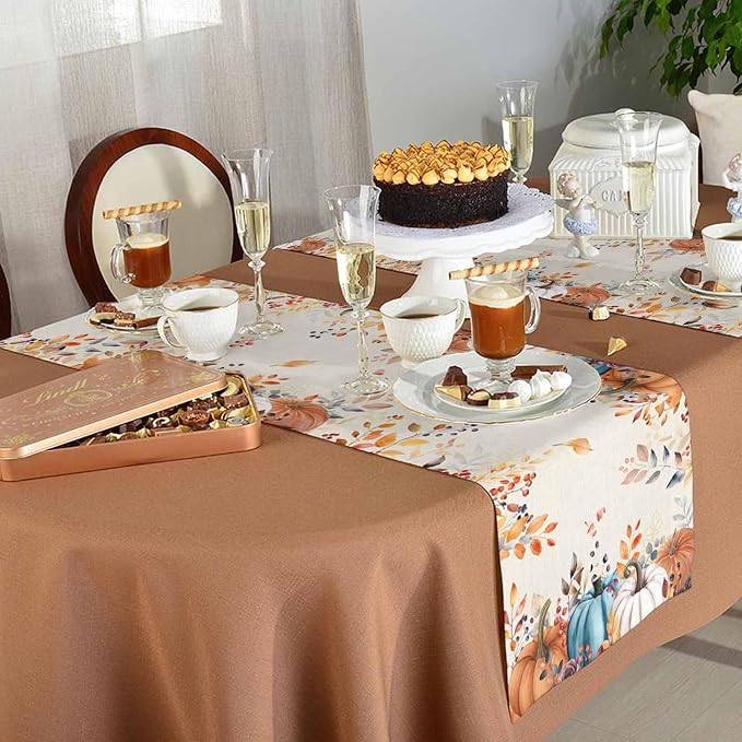 Orange Blue Pumpkin Fall Table Runner 60 Inches Long, Thanksgiving Eucalyptus - Image 5