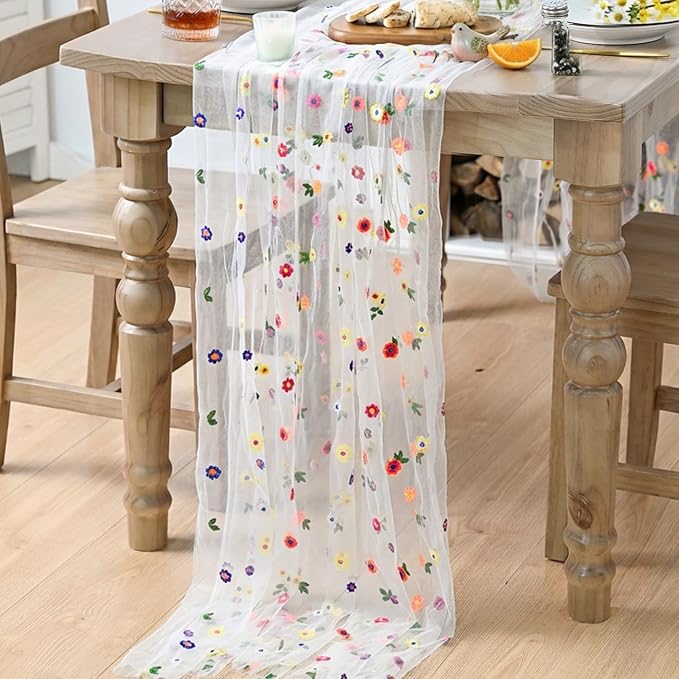 Artoid Mode Embroidery Daisy Spring Gauze Table Runner 59x120 Inch 10FT | - Image 4