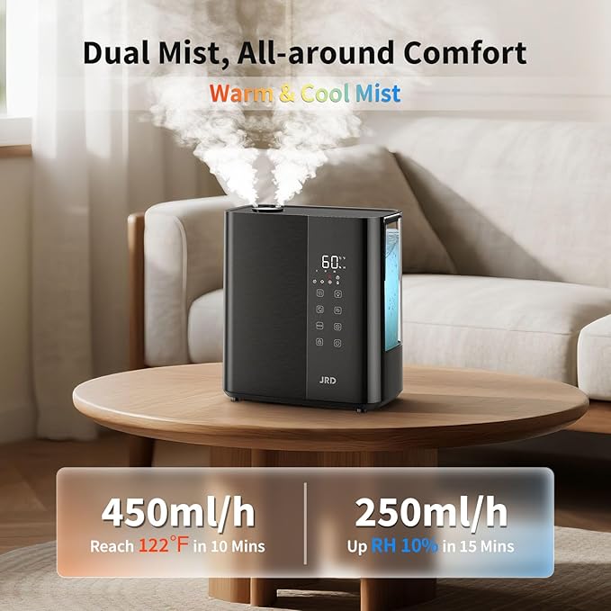 JRD Smart Humidifiers for Bedroom, 5L Warm & Cool Mist Ultrasonic Air Humidifier for Large Room Home Indoor, 50Hrs Quiet Runtime for Baby, Plants, Remote Control, Auto Humidity Sensor, 12H Timer