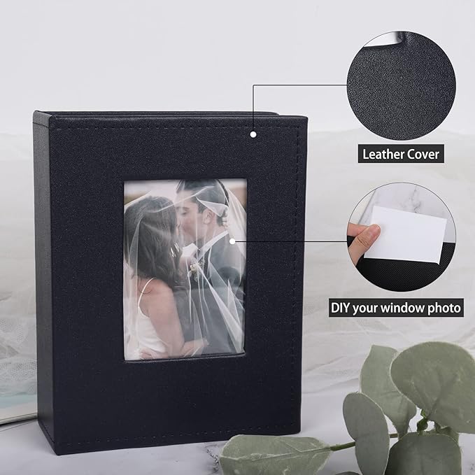 RECUTMS Photo Album 4x6 100 Pages Photos Leather Cover Picture Book with Personalized Front Window for Wedding Family Children Graduation Anniversary Vacation (Black blue)