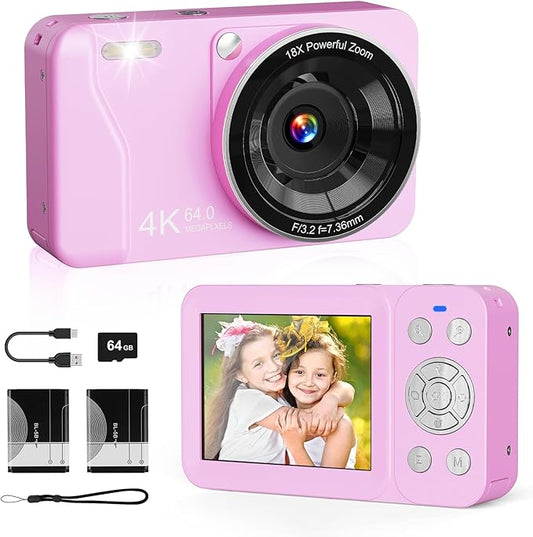 Digital Camera, 4K 64MP, 18X Zoom, Point and Shoot Digital Camera with 64GB TF Card & 2 Batteries, Portable Rechargeable Small Camera for Kids Teens Adult, Purple