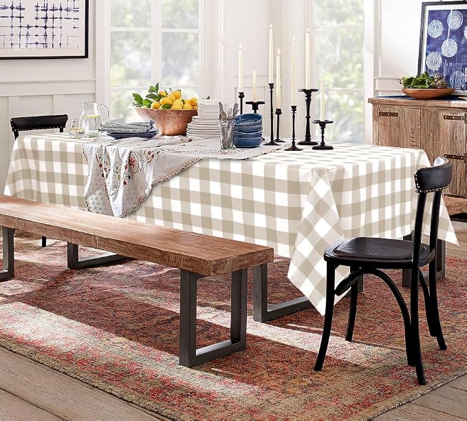 Khaki and White Checkered Tablecloth 60 x 60 inch, 2 Pack | Waterproof Buffalo - Image 8