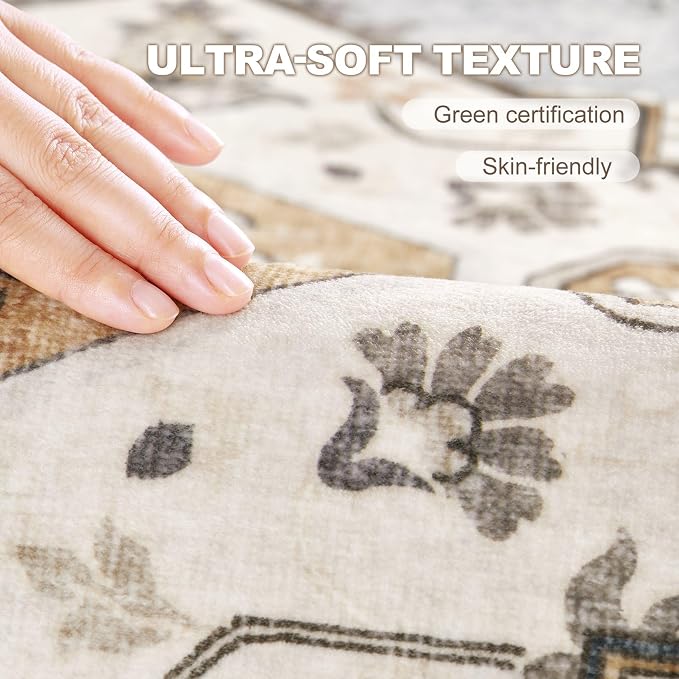 9x12 Washable Area Rug: Vintage Neutral Soft Non Slip Thin Large Floor Carpet - Image 6
