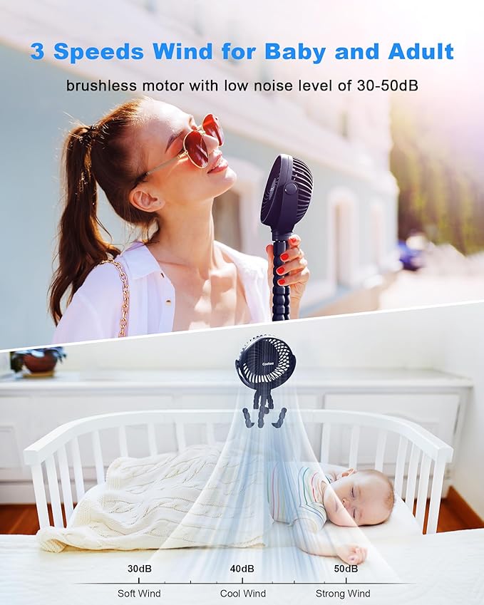 Stroller Fan Clip on for Baby, 4000mAh Rechargeable Battery Operated, Flexible Tripod, 3 Wind Speed, 360° Rotatable, Small Cooling Portable Fan for Car Seat Crib Golf Cart Treadmill, Navy Blue