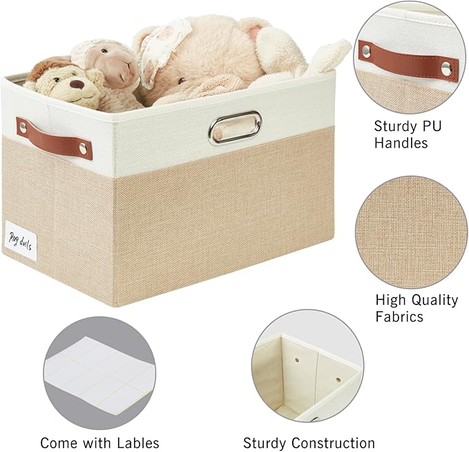 Large Collapsible Fabric Storage Bins with 3 Handles, Foldable Organizer Baskets for Closet, Shelves, Living Room | 3 Pack, Durable PU & Metal Handles (14.9"x9.8"x9.8", Beige & White)