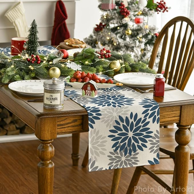 Artoid Mode Dahlia Aqua Floral Pinnata Flower Summer Table Runner, Seasonal - Image 2