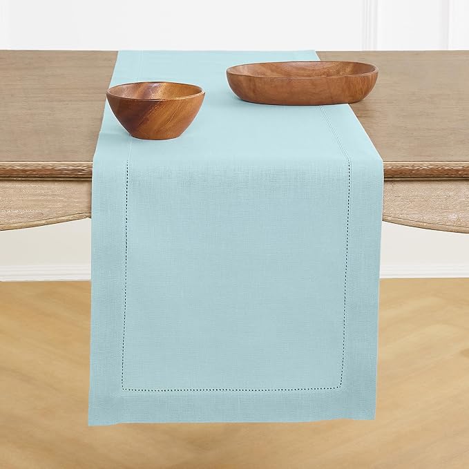 Solino Home 100% Pure Linen Table Runner Aqua Blue Hemstitch, 14 x 120 in | by SolinoHome