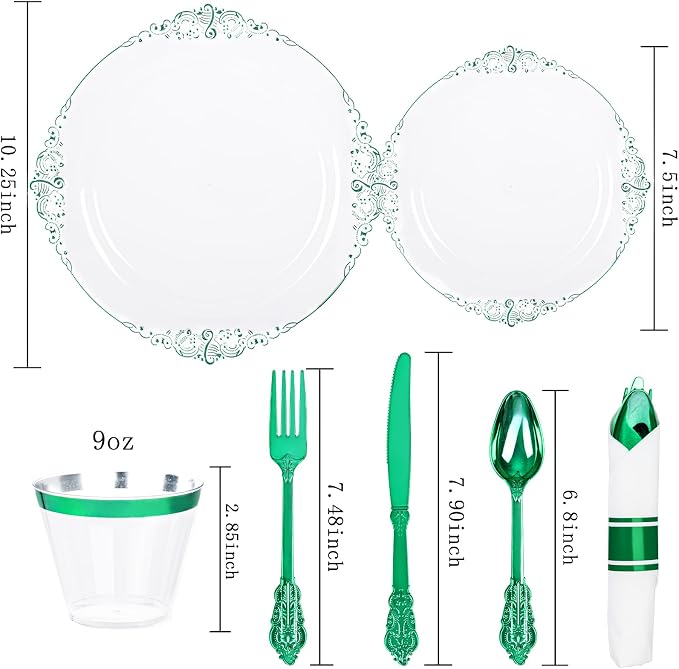 175 Pcs Clear Green Plates for Party | Green Party Plates Set for 25 Guests - Image 5