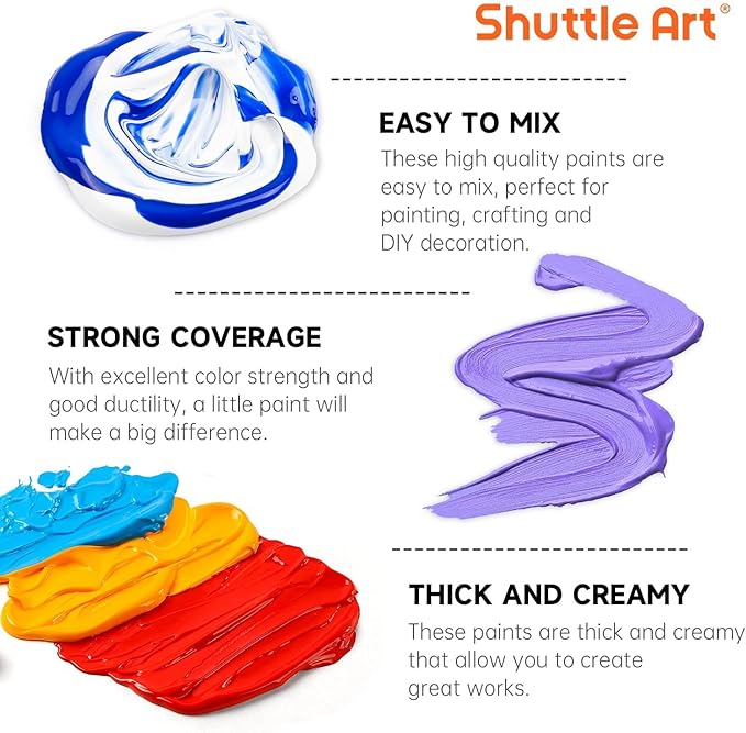 Shuttle Art Acrylic Paint, 25 Colors Acrylic Paint Set, 2oz/60ml Bottles, Rich Pigments Paint for Artists, Beginners and Kids on Canvas Rocks Wood Ceramic Fabric