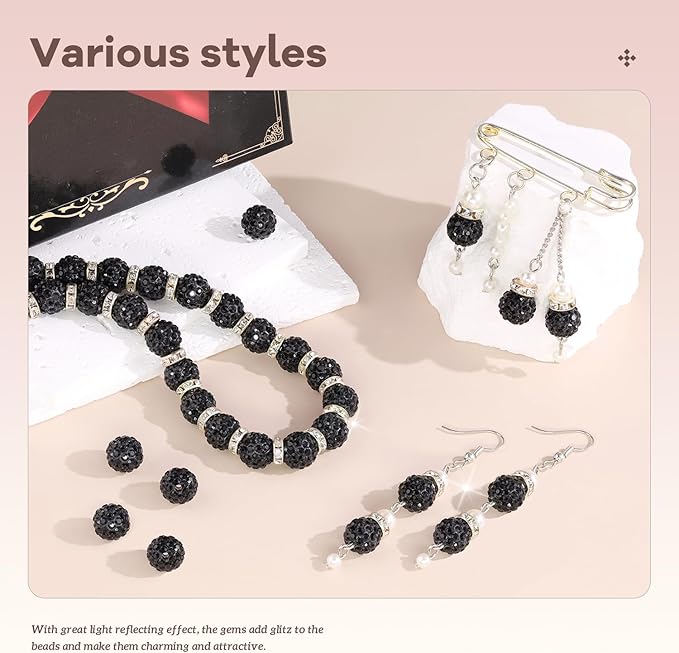 105pcs 10mm Rhinestone Beads for Jewelry Making, Black Shiny Round Disco Ball Beads Bulk, Sparkle Crystal Clay Christmas for Bracelet Baseball Necklace Earring Crafting and DIY