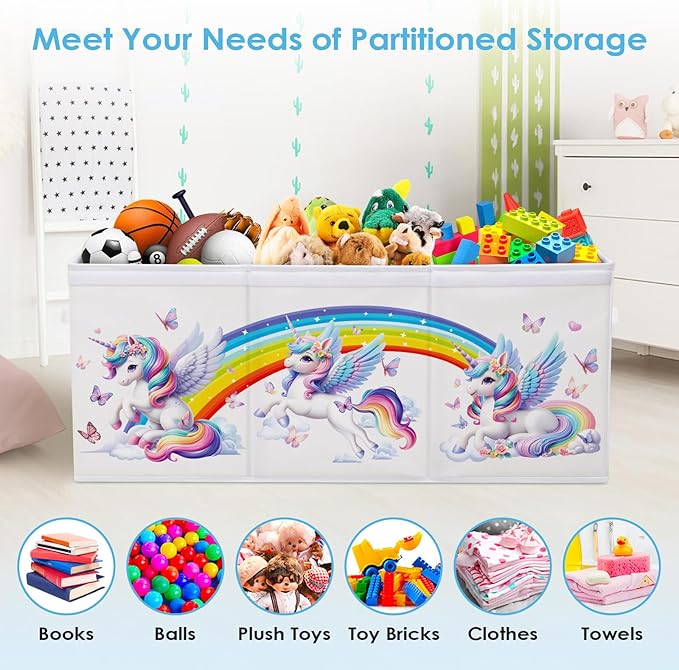 Large Toy Box Chest Organizer with Flip Lid for Kids, Collapsible Oxford Toy Storage Box with Handles for Boys Girls, Sturdy Waterproof Storage Organizer for Bedroom Playroom Nursery, 37.7×12.5×15.7''