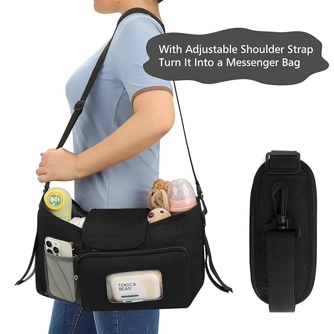 Accmor Universal Stroller Organizer with Insulated Cup Holder, Stroller Caddy Bag Accessories, Stroller Cup Holder Organizer for Uppababy Baby Jogger Britax Stroller, Black